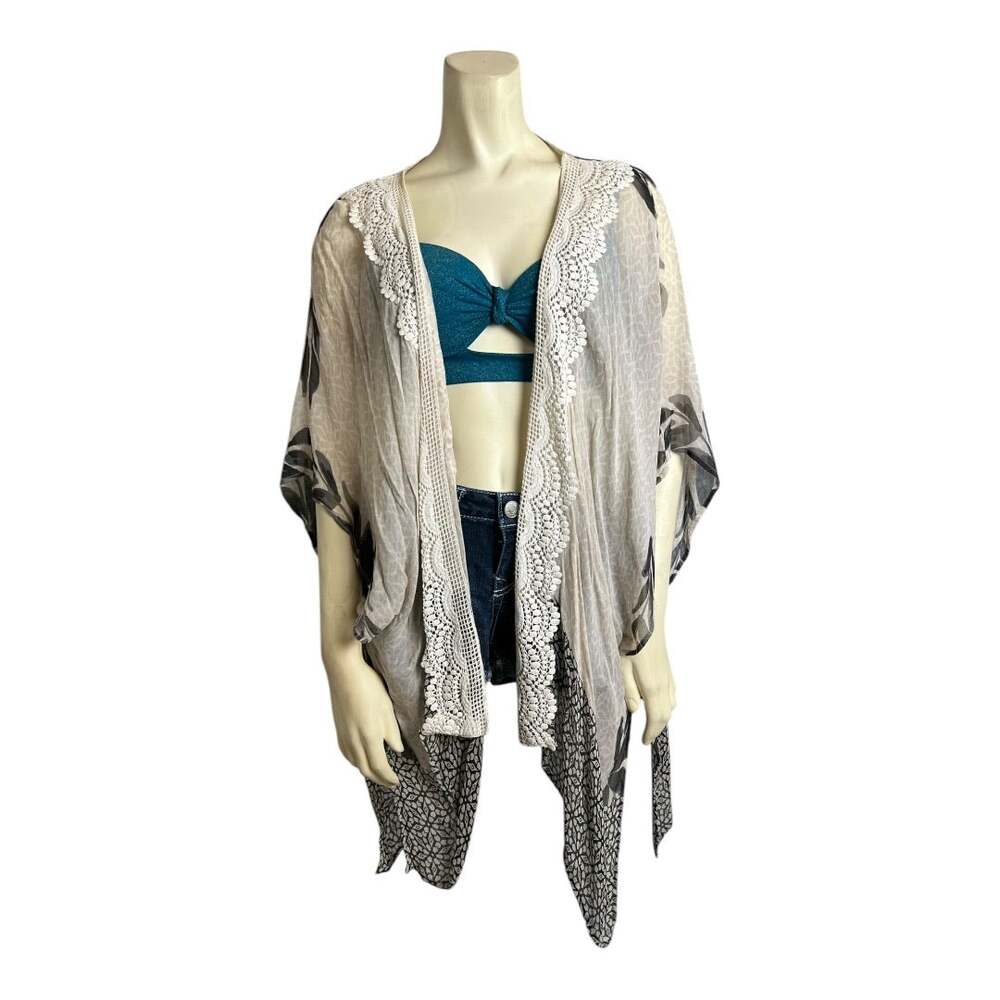 Anthropologie Elizabeth Gillet Sheer Kimono Boho Watercolor Crochet Beach
